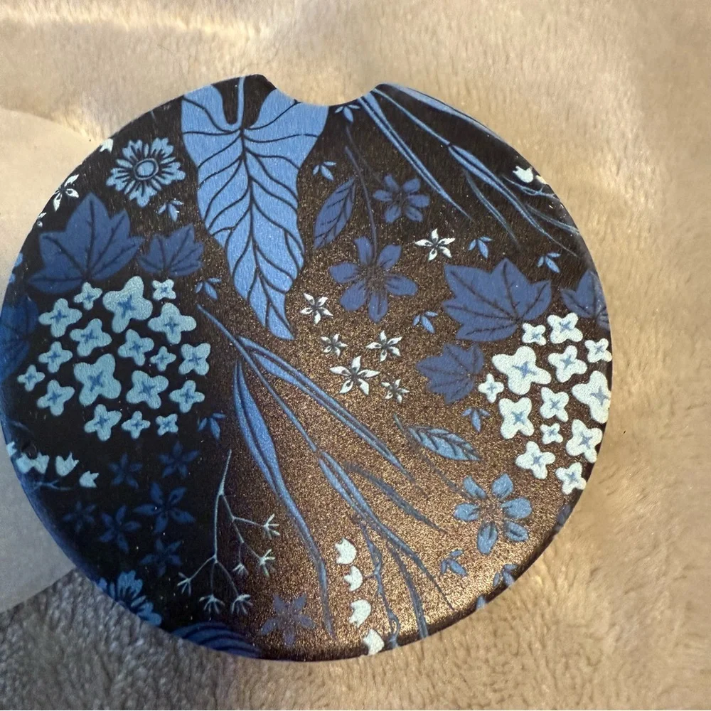 Blue & Black Floral Car Coasters, Cork‎ & Ceramic Set Of 2 New NIB